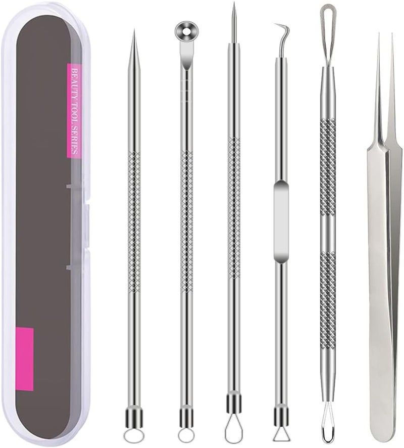 BLAAROOM Pimple Popper Tool Kit, 6 Pcs Blackhead Remover Acne Needle Tools Set Removing Treatment Comedone Whitehead Popping Zit for Nose Face Skin Blemish Extractor Tool - Silver - Image 1
